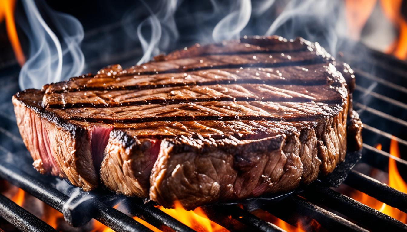 how do you sear a steak on the grill Imagine the sizzle of a juicy steak on a hot grill, the aroma filling the air. This scene brings back memories of perfect summer evenings. Getting that perfect sear on your steak is more than just throwing it on the grill. It's a skill that combines heat and timing to make your barbecue unforgettable. Let's explore steak searing and learn how to make that perfect crust. Whether you're a pro or just starting, this technique will take your steaks to the next level. Searing isn't just for steaks; it's great for chicken, pork chops, and roasts too. Today, we're focusing on a 16-ounce New York Strip Steak. We'll show you how to pick the right oils and get that medium-rare doneness everyone loves. Are you ready to improve your grilling skills? Let's get the grill going and learn how to make that perfect crust. Your guests will be asking for your barbecue tips. Key Takeaways Searing creates a flavorful crust on steaks and other meats Use high heat and the right oils for optimal searing results Preheat your grill for 10-15 minutes before searing Cook New York Strip Steaks for 5-6 minutes per side for medium-rare Allow steaks to rest for 5 minutes after grilling to retain juices Experiment with marinades and seasonings to enhance flavor Practice and adjust your technique to perfect your steak searing skills Understanding the Importance of Searing Searing is key to cooking the perfect steak. It involves quickly cooking the meat at high temperatures to make a crispy, brown crust. Many cooks believe searing makes the steak taste better and softer, but there's more to it. The Maillard Reaction: Science Behind the Flavor The magic of searing comes from the Maillard reaction, a complex process. When proteins and sugars in meat hit high heat, they change the steak's surface into a tasty brown crust. This starts after about three to four minutes on each side during a traditional sear. https://youtube.com/watch?v=Sm2Lrc4HEmc Debunking the Moisture Seal Myth Some think searing "locks in" juices. But, it doesn't seal moisture. Instead, it makes the steak taste better. For juicy steaks, rest them for about 15 minutes after cooking to let juices spread out. Why Searing Enhances Taste and Appearance Searing boosts the steak's taste, texture, and look through caramelization. It makes a rich, dark brown crust, unlike the lighter color from browning. This makes the steak look better and taste deeper. Searing takes about 7-8 minutes total, including 5 minutes prep time Use high heat for a shorter period compared to browning Aim for an internal temperature of 120°F for rare, 135°F for medium-rare Mastering searing takes practice. Try different techniques to get professional results and bring out the best in your steaks. Preparing Your Steak for the Grill Getting your steak ready for the grill is key to a perfect sear. Take your steak out of the fridge 30 minutes before cooking. This helps the meat warm up evenly for better cooking. Then, dry the steak with paper towels to remove moisture. This step is crucial for a crispy outside. After drying, brush both sides with olive oil. This oil helps the seasonings stick and browns the steak better. For seasoning, a mix of salt and pepper is a classic choice. For more flavor, try a dry rub with garlic powder, paprika, and herbs. Press the seasoning into the meat for better absorption. "The secret to a great steak lies in its preparation. A well-seasoned steak is half the battle won." For thick cuts like ribeye or filet mignon, the reverse sear method works well. Bake the steak in a 275°F oven until it hits 100°F inside. Then, quickly sear it on the grill for a crispy crust. Doneness Internal Temperature Grilling Time (per side) Rare 120-130°F 2-3 minutes Medium-Rare 130-140°F 3-4 minutes Medium 140-145°F 4-5 minutes Well-Done 160°F+ 6-7 minutes Always use an instant-read thermometer to check if your steak is done. After grilling, let the steak rest for 5 minutes. This lets the juices spread evenly before you slice and serve. Essential Equipment for Searing on the Grill Searing a steak to perfection needs the right tools and grill types. Let's look at what you'll need for that perfect crust. Choosing the Right Grill: Gas vs. Charcoal You have two main grill options: gas and charcoal. Gas grills are easy to use and control the heat well. Charcoal grills give a smoky flavor but need more work. Your choice depends on whether you want ease or flavor. Must-Have Tools for Perfect Searing For a great sear, you'll need some key tools. An instant-read thermometer helps you know when your steak is done. Long-handled tongs keep your hands safe from the heat. A grill brush is key for cleaning the grates before and after. Tool Purpose Instant-read thermometer Measure internal temperature Long-handled tongs Safely handle steaks Grill brush Clean grates Importance of a Clean Grilling Surface Clean grates are key for perfect searing. A clean surface stops steaks from sticking and spreads heat evenly. Use your grill brush to clean before and after. Preheat your grill to 450-500°F for the best crust. Remember, controlling the temperature is crucial. For gas grills, aim for 400-450°F. On charcoal grills, use a two-zone fire for flexibility. With the right tools and techniques, you'll be searing steaks like a pro soon. How Do You Sear a Steak on the Grill: Step-by-Step Guide Want to learn how to sear a steak perfectly? Begin by heating your grill to a high 500°F. For gas grills, this takes about 15 minutes. If using charcoal, preheat for 10-15 minutes. Once hot, put your seasoned steak on the grates to get those great grill marks. Sear each side for about 2 minutes, flipping only once or twice. For a 1½-inch thick ribeye, cook for 7 minutes on one side and 5 on the other. Use an instant-read thermometer to check if the steak is done. For medium-rare, look for 130°-135°F. Medium is 135°-145°F, and medium-well is 145°-155°F. After searing, move thicker cuts to a cooler area to finish cooking. Let your steak rest for 10-15 minutes after cooking. This step helps juices spread evenly, making the steak juicy. For a complete meal, serve your steak with garlic-Parmesan roasted carrots or a wedge salad. For extra flavor, try topping your steak with Tuscan or red wine butter. FAQ What is the Maillard reaction, and why is it important for searing steaks? The Maillard reaction happens when proteins and sugars in meat hit high heat. This creates complex flavors and smells. It's key for searing steaks because it makes a tasty crust and a nice color through browning. Does searing really seal in the juices of a steak? No, searing doesn't seal in moisture. This is a myth. But, it does make the steak taste better and look more appealing by creating a flavorful crust through the Maillard reaction. How should I prepare my steak before searing on the grill? Let the steak warm up to room temperature by taking it out of the fridge 30 minutes before grilling. Dry it with paper towels, brush with olive oil, and season well with a dry rub or your favorite seasonings. Which type of grill is better for searing steaks: gas or charcoal? Both gas and charcoal grills work well for searing steaks. Gas grills are easy to use and control the heat well. Charcoal grills give a smoky taste. Pick what you like and feel comfortable with. What essential tools do I need for searing steaks on the grill? You'll need an instant-read thermometer to check doneness, tongs for handling the meat, and a clean grill surface. Use high-heat oils like sunflower, canola, or safflower to prevent smoke and bad flavors. How long should I sear each side of the steak on the grill? For best results, put the steak on the hot grates and sear each side for about 2 minutes. Flip it no more than twice. Look for a dark brown crust, not just a light golden one. Adjust the time based on the steak's thickness and how done you like it.